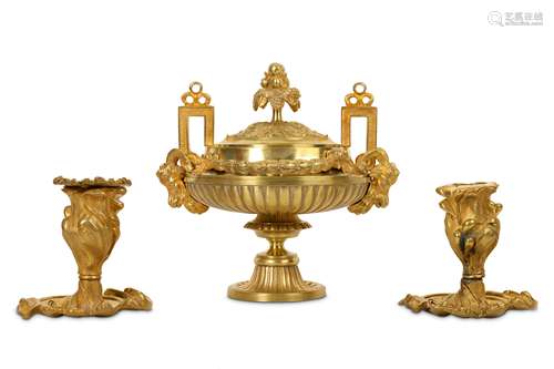 A LATE 19TH CENTURY FRENCH GILT BRONZE URN AND COVER TOGETHER WITH A PAIR OF CANDLESTICKS the bowl