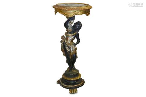 A LATE 19TH / EARLY 20TH CENTURY VENETIAN STYLE BLACKAMOOR GILT WOOD, POLYCHROME DECORATED AND