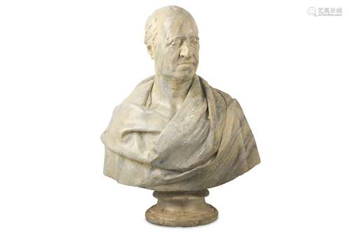 AFTER ROBERT WILLIAM SIEVIER (ENGLISH 1794-1865): A LATE 19TH CENTURY PAINTED PLASTER LIBRARY BUST