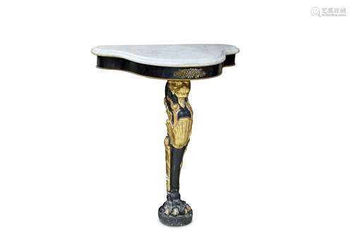 A SMALL 19TH CENTURY REGENCY EBONISED AND PAINTED GESSO CONSOLE TABLE WITH MARBLE TOP the