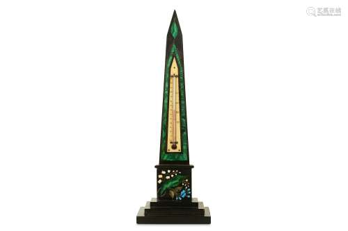 A LATE 19TH CENTURY PIETRE DURE AND MALACHITE INLAID OBELISK THERMOMETER with ivory scale, marked