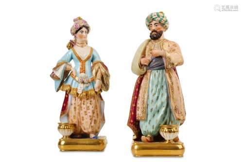 A PAIR OF 19TH CENTURY FRENCH 'PORCELAIN DE PARIS' FIGURAL PERFUME BOTTLES OF A SULTAN AND