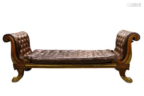 A FINE REGENCY FAUX ROSEWOOD, PARCEL GILT AND BURGUNDY LEATHER OPEN SOFA the volute scroll ends with
