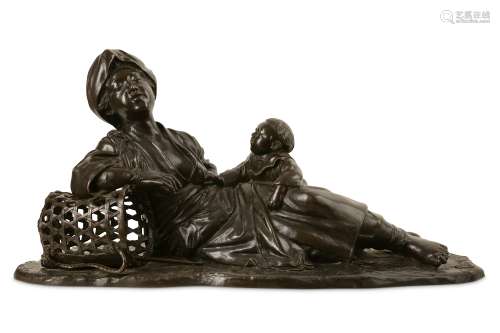 A LARGE LATE 19TH CENTURY JAPANESE MEIJI PERIOD BRONZE FIGURE OF A MOTHER AND CHILD the reclining