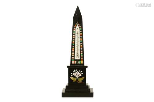 A LATE 19TH CENTURY SPECIMEN MARBLE AND PIETRE DURE OBELISK THERMOMETER the ivory scale marked for