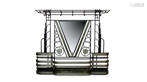 A RARE 1930'S FRENCH ART DECO PAINTED AND SILVERED METAL MIRRORED HALL STAND surmounted by a luggage