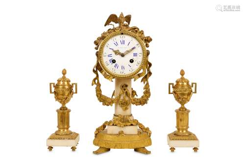 A MID 19TH CENTURY FRENCH GILT BRONZE AND WHITE MARBLE CLOCK GARNITURE BY POTONIE OF PARIS, CIRCA