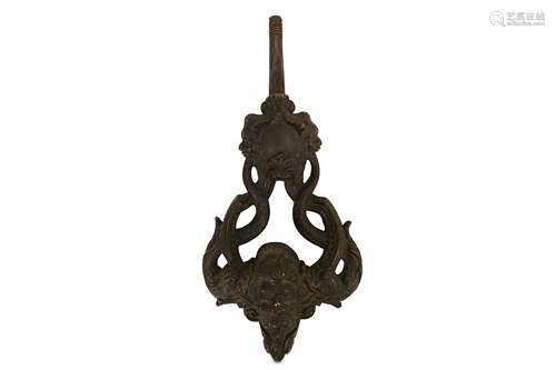 A 19TH CENTURY RENAISSANCE STYLE VENETIAN BRONZE DOOR KNOCKER cast as two entwined dolphins