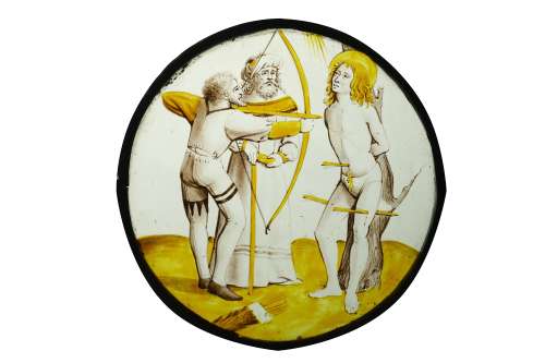 A 15TH CENTURY STAINED GLASS ROUNDEL DEPICTING THE MARTYRDOM OF SAINT SEBASTIAN, PROBABLY FLEMISH