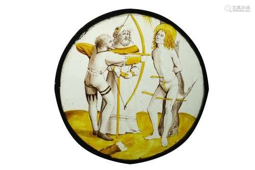 A 15TH CENTURY STAINED GLASS ROUNDEL DEPICTING THE MARTYRDOM OF SAINT SEBASTIAN, PROBABLY FLEMISH