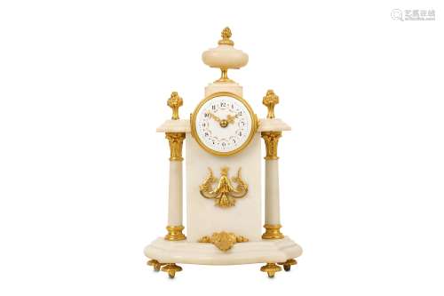 A SMALL LATE 19TH CENTURY FRENCH WHITE MARBLE AND GILT BRONZE MANTEL CLOCK of portico form,