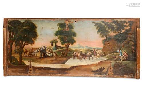 A MID 19TH CENTURY SOUTH ITALIAN (SICILY) PAINTED WOOD PANEL FROM A CASSONE the wooden panel painted