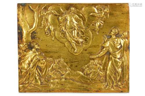 A 17TH CENTURY ITALIAN GILT BRONZE RELIEF DEPICTING THE ASCENSION OF CHRIST of rectangular form, the