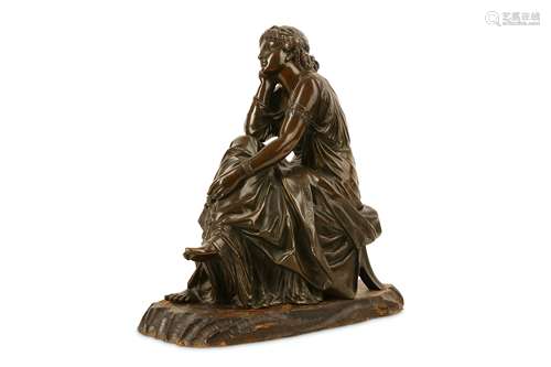 SCHAENEWERK (GERMAN, FL. LATE 19TH CENTURY): A BRONZE FIGURE OF A SEATED MUSE wearing classical