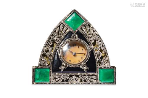 AN ART DECO PERIOD MARQUISITE, LACQUERED BRASS AND GLASS STRUT CLOCK of triangular form, each