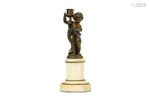 A LATE 19TH CENTURY FRENCH BRONZE AND WHITE MARBLE FIGURAL CANDLESTICK the standing figure of