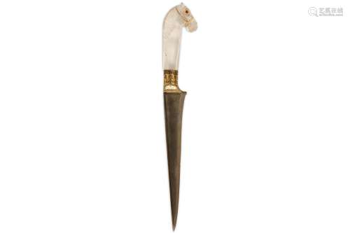 AN 18TH / 19TH CENTURY NORTH INDIAN MUGHAL ROCK CRYSTAL HORSE HEAD DAGGER (PESHKABZ) the pommel