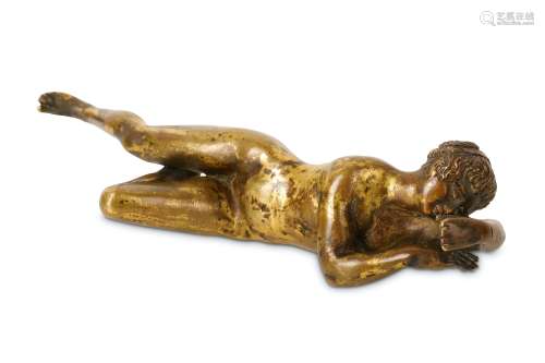 A SMALL 17TH CENTURY ITALIAN BRONZE OF A SLEEPING NYMPH the reclining nude with ornate plaited
