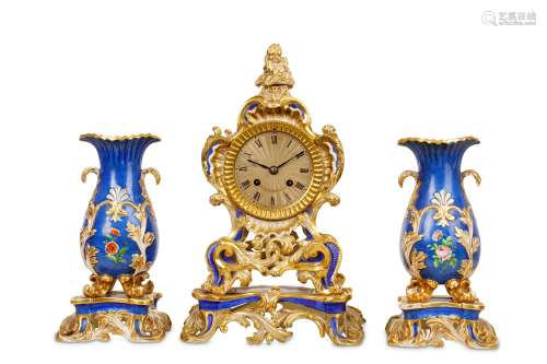 A SECOND QUARTER 19TH CENTURY FRENCH LOUIS PHILIPPE PERIOD PORCELAIN CLOCK GARNITURE SIGNED 'HONORE,