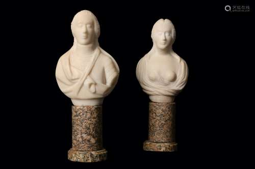 A PAIR OF SMALL WHITE MARBLE BUSTS OF A LADY AND GENTLEMAN, POSSIBLY 18TH CENTURY the female bust