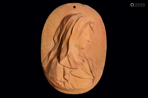 A LARGE 18TH CENTURY FLEMISH TERRACOTTA RELIEF OF THE VIRGIN DATED 1760 of oval form, depicted in