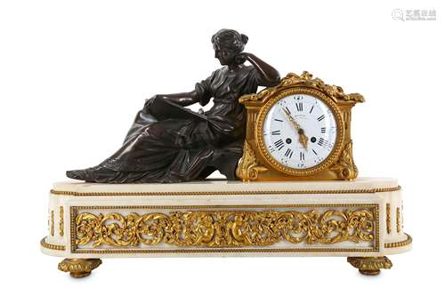 A FINE SECOND QUARTER 19TH CENTURY FRENCH BRONZE AND MARBLE FIGURAL MANTEL CLOCK 'L'EMPLOI DU TEMPS'