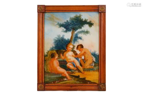 A LATE 18TH / EARLY 19TH CENTURY ITALIAN PAINTING ON GLASS DEPICTING PUTTI IN A LANDSCAPE of