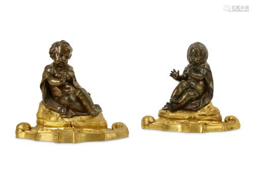 A PAIR OF LATE 18TH / EARLY 19TH CENTURY FRENCH BRONZE ALLEGORICAL FIGURES OF PUTTI REPRESENTING