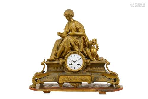 A THIRD QUARTER 19TH CENTURY FRENCH GILT BRONZE FIGURAL MANTEL CLOCK depicted a seated maiden