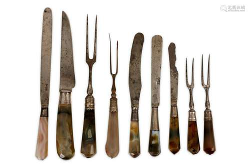 A COLLECTION OF NINE 17TH / 18TH CENTURY AGATE, STEEL AND SILVER KNIVES AND FORKS, PROBABLY GERMAN