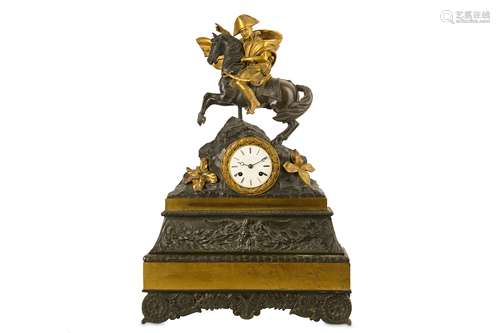 A MID 19TH CENTURY FRENCH GILT AND PATINATED BRONZE MANTEL CLOCK DEPICTING NAPOLEON ON THE KHYBER