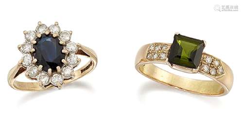 Two diamond and gem rings, the first a claw-set oval sapphire and brilliant-cut diamond cluster,