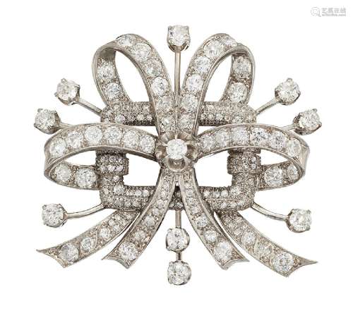 A diamond brooch, of stylised looped bow design, set throughout with old brilliant and single-cut