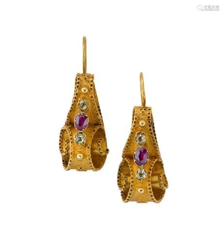 A pair of early Victorian gold and gem-set earrings, each of scroll design set with garnets and pale