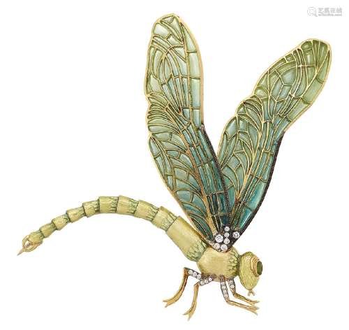 An enamel, diamond and gem dragonfly brooch, the shaded green plique-à-jour enamel wings to a