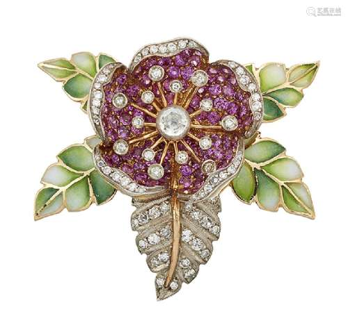 A diamond, pink sapphire and enamel brooch by Moira, modelled as flowerhead, the pave pink