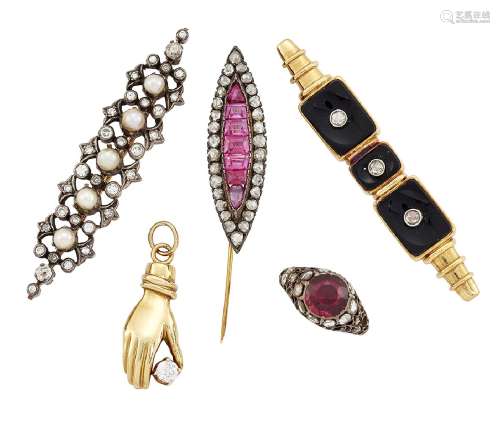 A group of jewellery, comprising: a diamond and cultured pearl brooch, the openwork panel set with