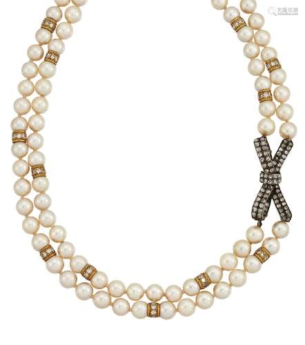 A cultured pearl and diamond necklace, the double row of cultured pearls with pave-set diamond