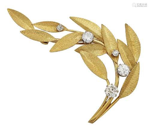 An 18ct gold, diamond leaf brooch, designed as a spray of textured navette shaped leaves randomly-