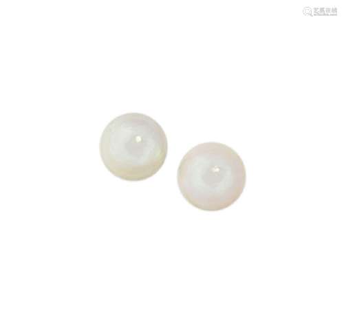 A pair of pearl earstuds, each pearl, measuring approximately 8.2mm, on scalloped mount, post