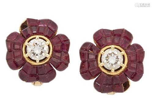 A pair of diamond and ruby earrings by Chatila, each brilliant-cut diamond single stone centre to