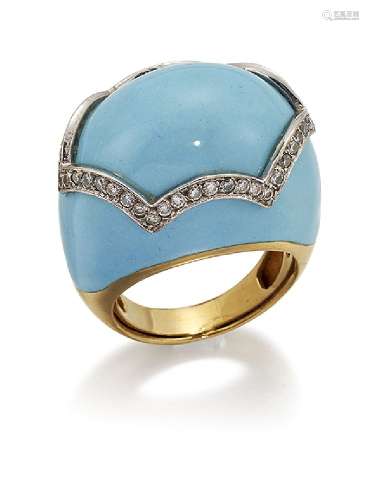 A diamond and enamel ring, of turquoise coloured enamel bombé design with applied brilliant-cut