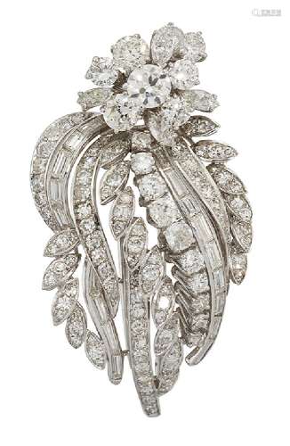 A diamond floral spray brooch, the brilliant and marquise-cut diamond flowerhead cluster to a