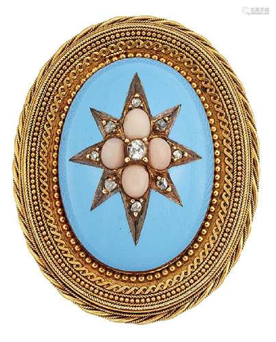 A Victorian, gold coral, diamond and enamel brooch, designed as a central oval dome of blue enamel