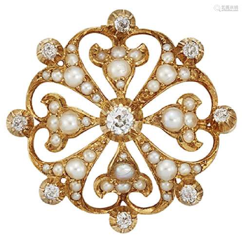 A late Victorian gold, diamond and half-pearl cluster brooch, designed as a stylised open-work