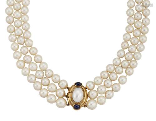 A cultured pearl and gem necklace by Deakin & Francis, the three rows of slightly graduated cultured