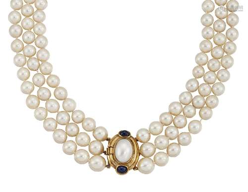 A cultured pearl and gem necklace by Deakin & Francis, the three rows of slightly graduated cultured