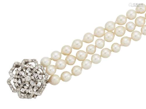 A diamond and cultured pearl bracelet, the brilliant, circular and single-cut diamond openwork
