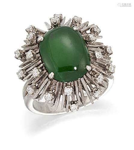 A jadeite jade and diamond ring, the central oval cabochon jade within a wirework surround set at