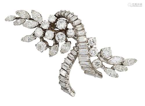 A diamond brooch, of brilliant and marquise-cut diamond stylised floral spray design with